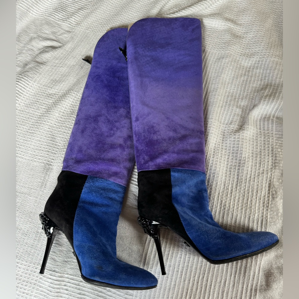 VERSACE Palazzo color block ambre suede knee-high heeled boots